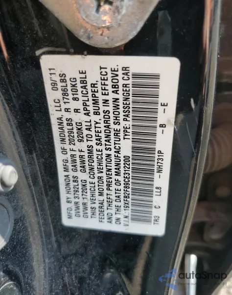 2012 Honda Civic Ex z USA, uszkodzony, nr VIN 19XFB2F89CE312200